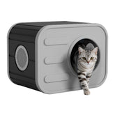 GULAIMOAO outdoor cat house with a camera design provides stylish patio shelter for cats.