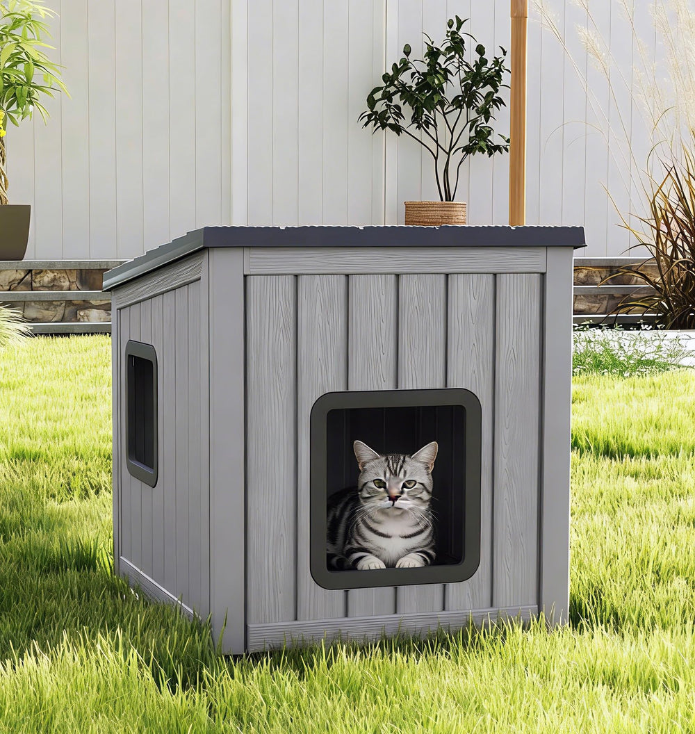 GULAIMOAO outdoor cat house front view, weatherproof shelter for outdoor cats.