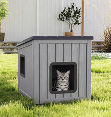 GULAIMOAO outdoor cat house front view, weatherproof shelter for outdoor cats.