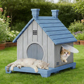 GULAIMOAO weatherproof outdoor cat house in blue provides durable all weather shelter for pets.