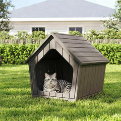 GULAIMOAO outdoor cat house in coffee color with weatherproof design for year-round use.