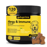 Guluprime dog allergy chews packaging highlights daily support for seasonal sensitivities