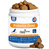 GuruAmi dog probiotic chews bottle close-up showing gut-support formula.
