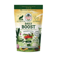 Gussy's Gut Daily Boost bottle showcasing the fermented formula that supports canine gut health.