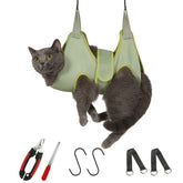 Guzekier cat grooming hammock harness setup showing secure positioning for calm trimming