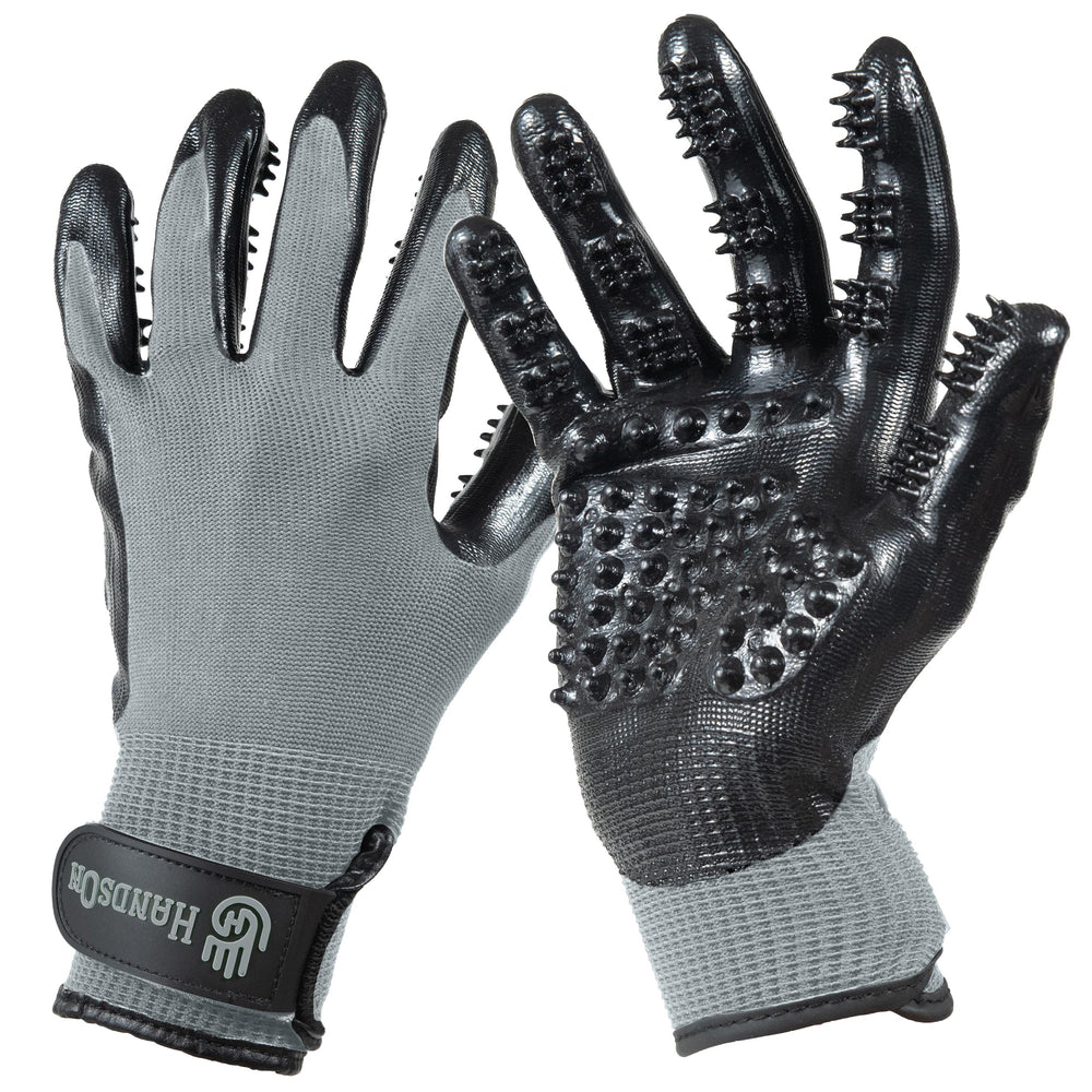 H HANDSON gloves close-up bristles for gentle grooming and hair removal.