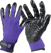 H HANDSON pet grooming gloves in purple show gentle fur removal and soothing massage.