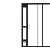 Hakuna Pets black glass patio door frame viewed head-on, highlighting secure outdoor access for small pets.
