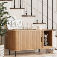 Halitaa cat litter enclosure front view with hidden litter space for a tidy living room