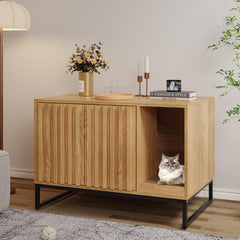 Halitaa litter box enclosure front view with discreet design and wood finish.