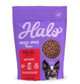Halo Freeze Dried Raw Dog Food beef recipe bag with premium bites for natural energy.
