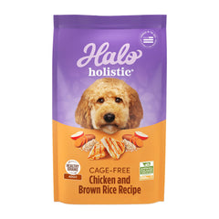 Halo Holistic dry dog food bag featuring cage-free chicken for daily digestion support
