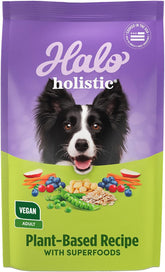 Halo Holistic Plant-Based Recipe bag displaying balanced nutrition for adult dogs.