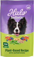 Halo Holistic Plant-Based Recipe bag displaying balanced nutrition for adult dogs.