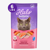 Halo Holistic salmon and whitefish bag highlighting premium ingredients for adult cats