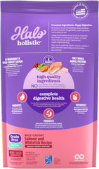 Halo Holistic Salmon & Whitefish kibble closeup emphasizes grain-free, protein-rich texture.