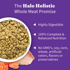 Halo Holistic USA-cooked dry dog food emphasizes fresh, quality nutrition.