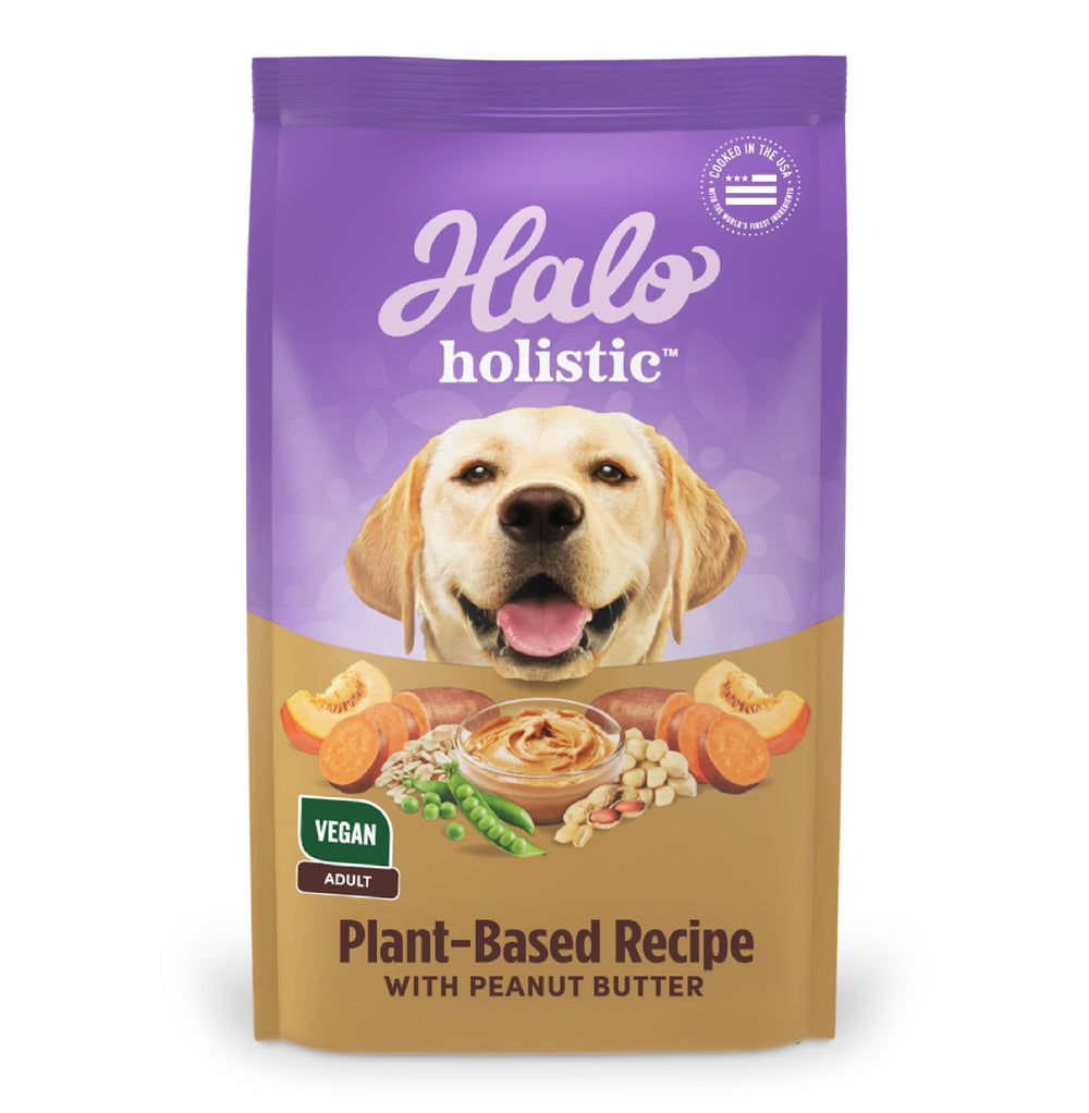 Halo Holistic Vegan Dog Food bag showing plant-based kibble for adult dogs supporting digestion