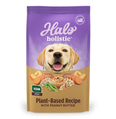 Halo Holistic Vegan Dog Food bag showing plant-based kibble for adult dogs supporting digestion