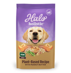 Halo Holistic Vegan Dog Food bag showing plant-based kibble for adult dogs supporting digestion