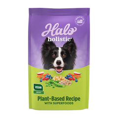 Halo Holistic vegan dry dog food bag showing 3.5 lb packaging for adult dogs.