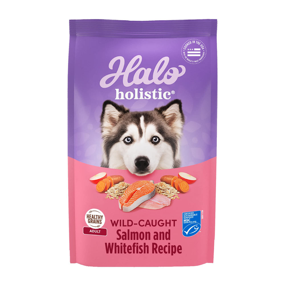 Halo Holistic dog food bag featuring wild-caught salmon and whitefish for digestive health