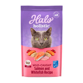 Halo Holistic Wild Salmon and Whitefish dry cat food bag showing real protein for adult cats