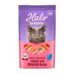 Halo Holistic Wild Salmon and Whitefish dry cat food bag showing real protein for adult cats