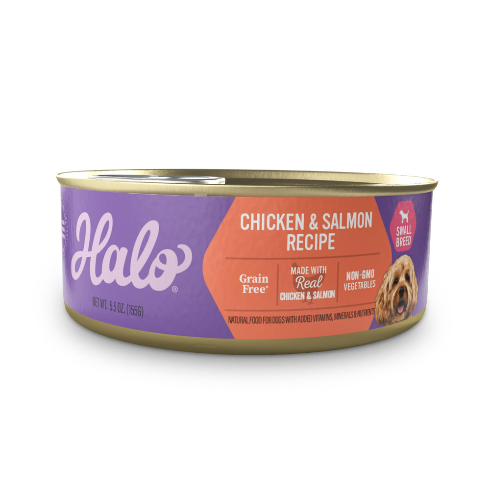 Halo Small Breed Wet Dog Food can with chicken and salmon for a palatable meal.