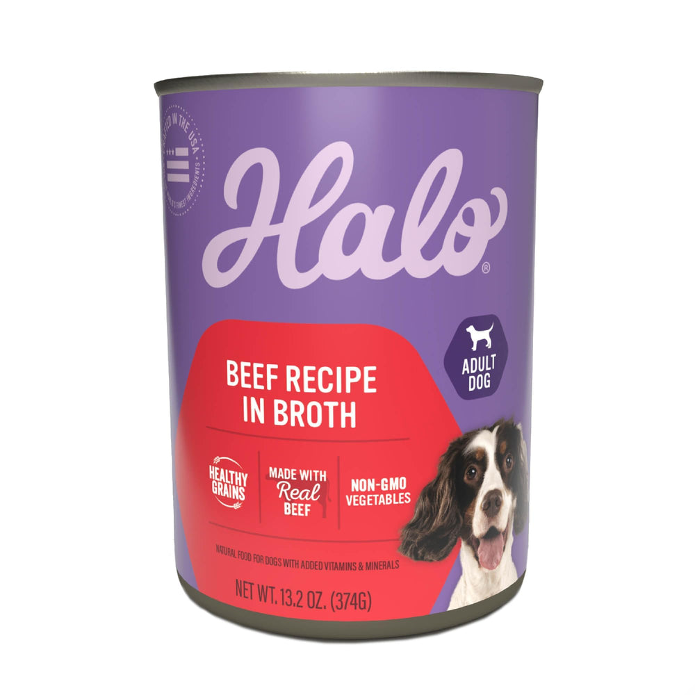 Halo Beef Recipe in Broth cans – six-pack display with real meat