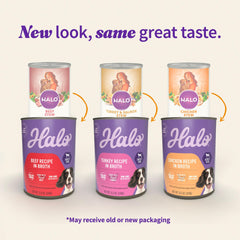 Halo wet dog food chicken stew can — tender meat and vegetables on display