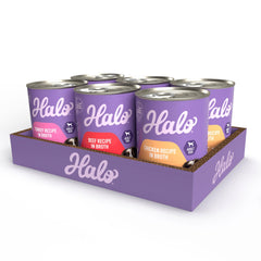 Halo wet dog food variety pack can with whole meat stews and vegetables