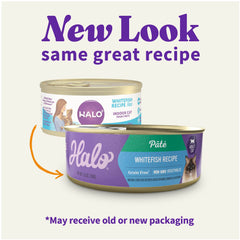 Halo Whitefish Recipe grain-free formula supports balanced nutrition.