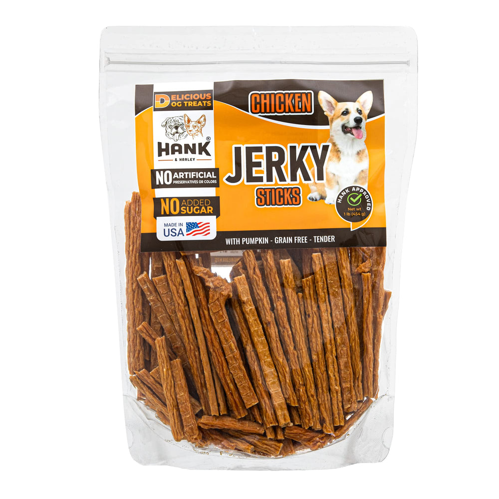 Hank & Harley 1lb bag of chicken jerky sticks with a soft bite for rewarding your dog.
