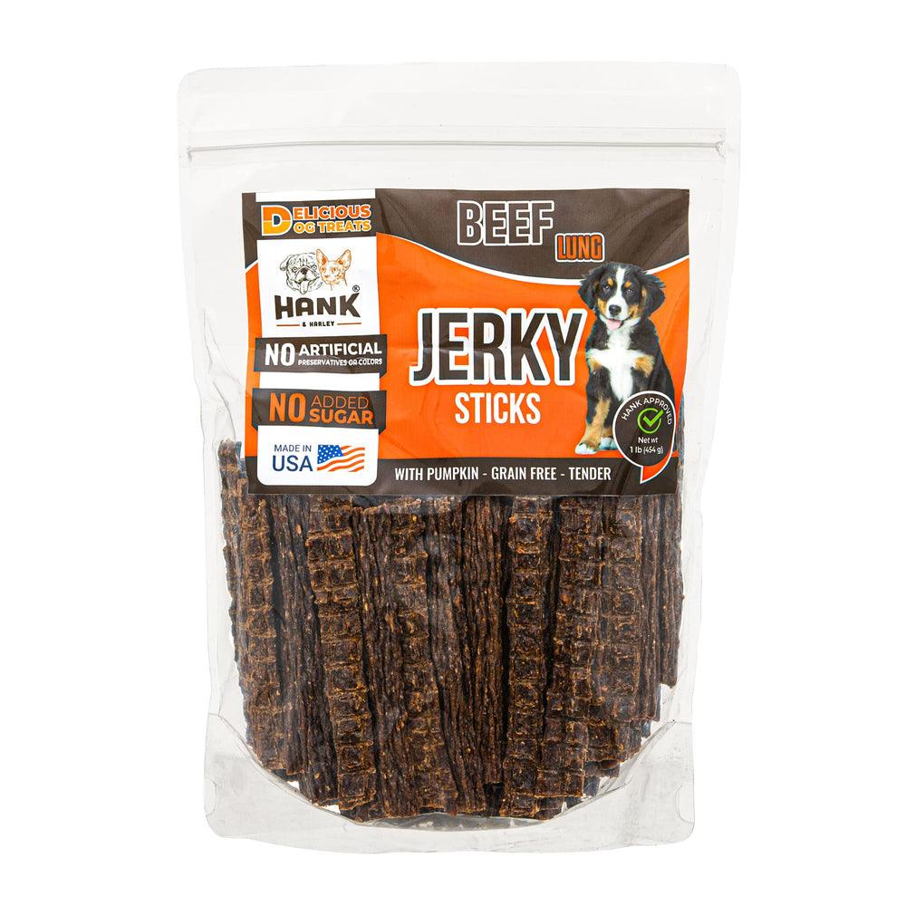 Hank & Harley beef lung jerky sticks on the bag front highlight premium ingredients for training rewards
