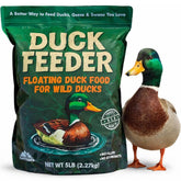 Hapetrails Duck Feeder floating pellets on a pond promoting natural feeding and cleaner water.