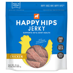 Happy Hips Chicken Jerky treats in a 24 oz pouch, protein-rich reward for dogs.