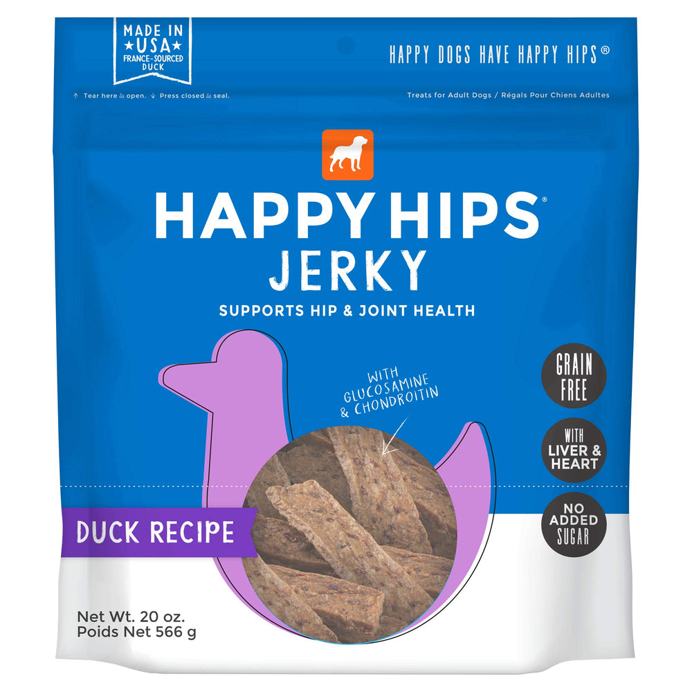Happy Hips Duck Recipe Jerky bag showing grain-free, protein-rich treats for active dogs
