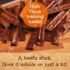 Closeup of Woof Stix texture—soft, chewy, slow-cooked beef.