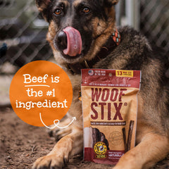 Soft, chewy Woof Stix—easy to chew for dogs of all sizes.