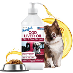 Happy Jack cod liver oil bottle showcases rich omega-3 for dogs' coat and joints.