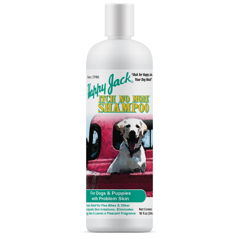 Happy Jack Itch No More shampoo bottle ready for dog bath
