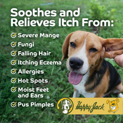 Happy Jack mange medicine bottle pour demonstrates easy topical application for fast relief.