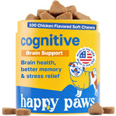 Happy Paws cognitive taurine soft chew on hand promotes mental focus.