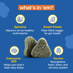Happy Paws taurine spirulina CoQ10 ingredients bottle highlights brain support.