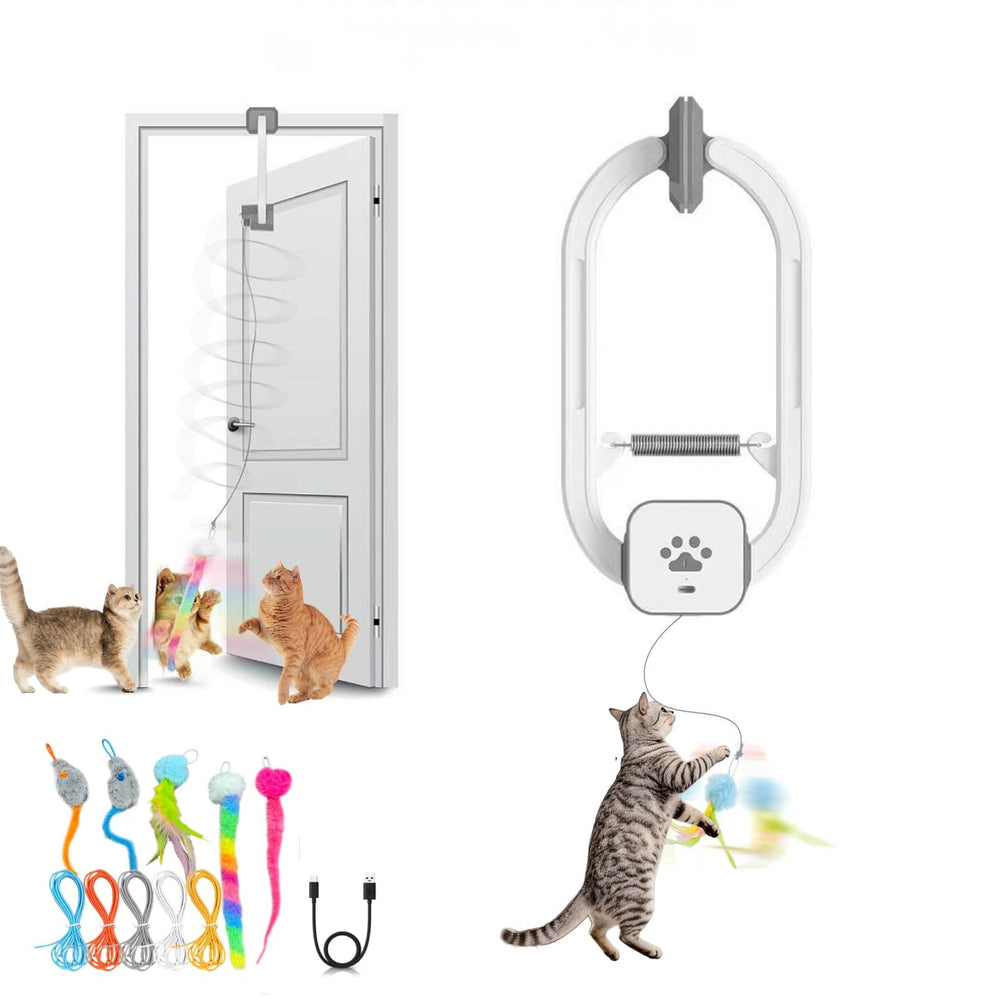 HAPPYCODE automatic cat teaser with 360° spin motivates indoor exercise.