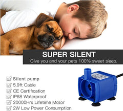 Happypapa pet fountain pump in use ensures continuous water flow for cats.