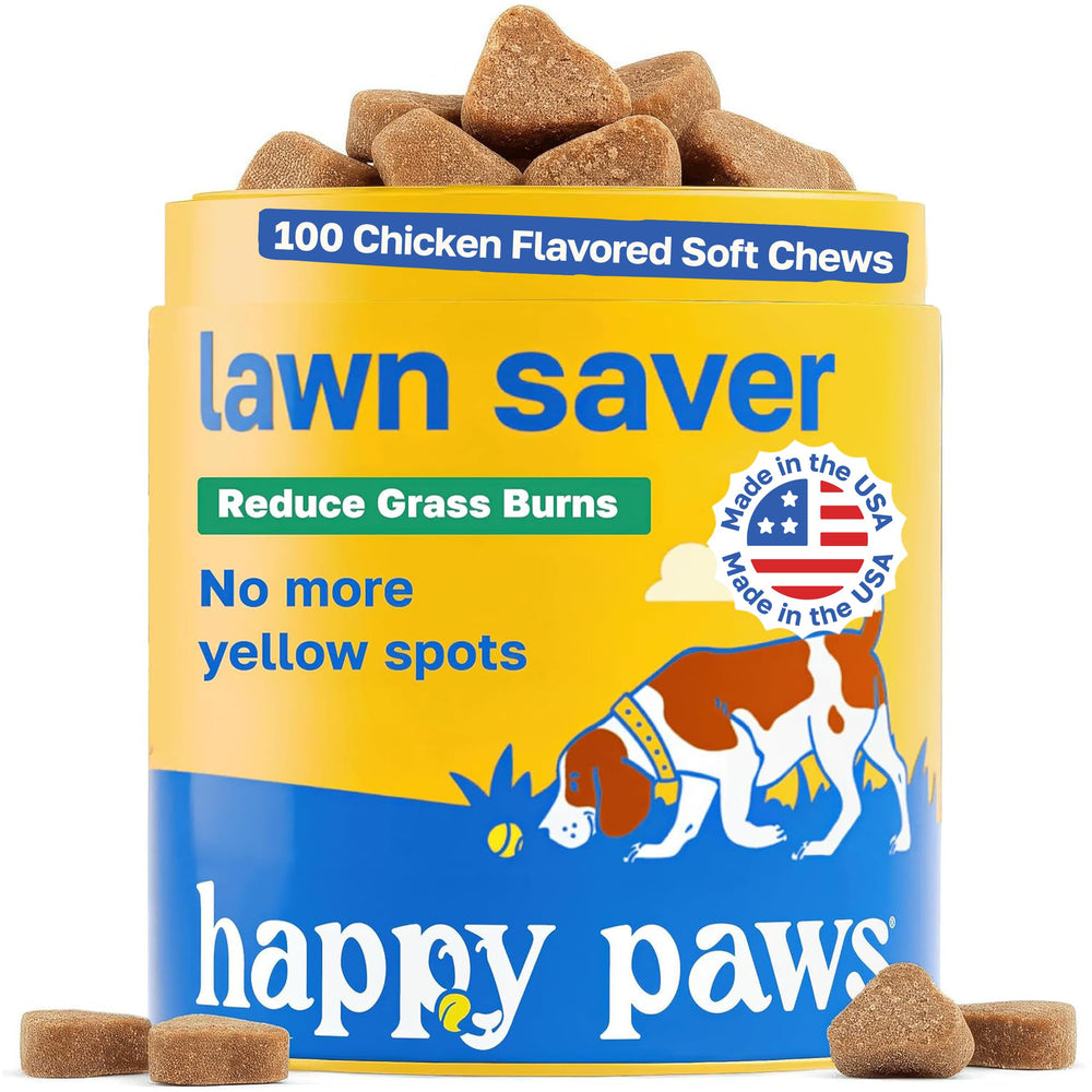 Happy Paws Lawn Saver bottle displays vegan formula for daily use.