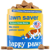 Happy Paws Lawn Saver bottle displays vegan formula for daily use.