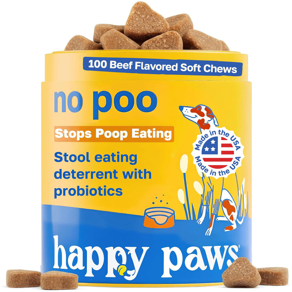 Happy Paws No Poo Chews bottle on kitchen counter for daily digestive support.